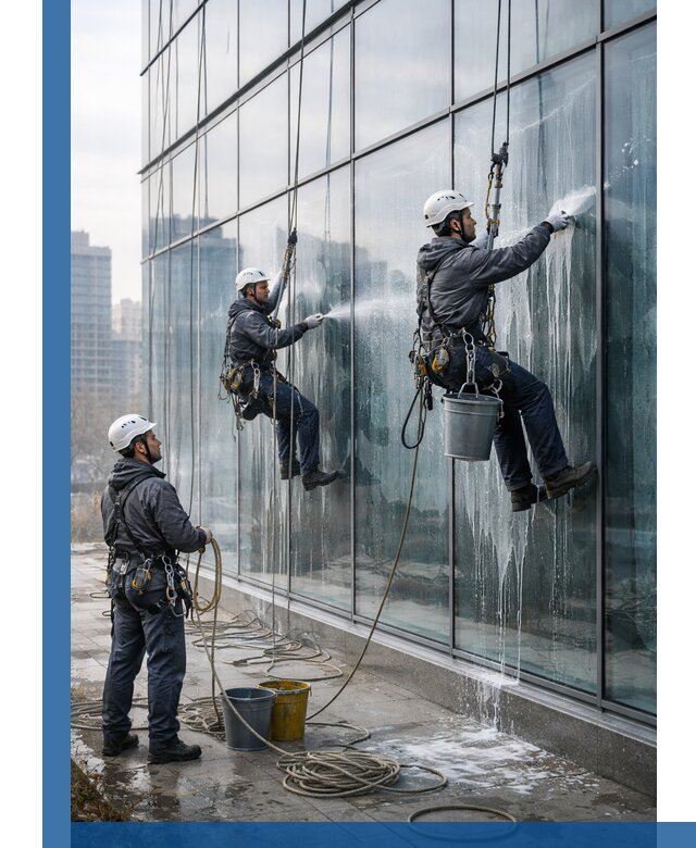 Промышленная мойка панорамных окон на высоте в Выборге