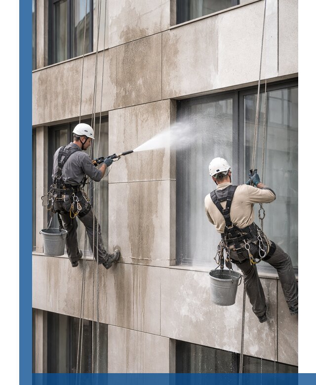 Послестроительная мойка фасада промышленным альпинизмом в Выборге