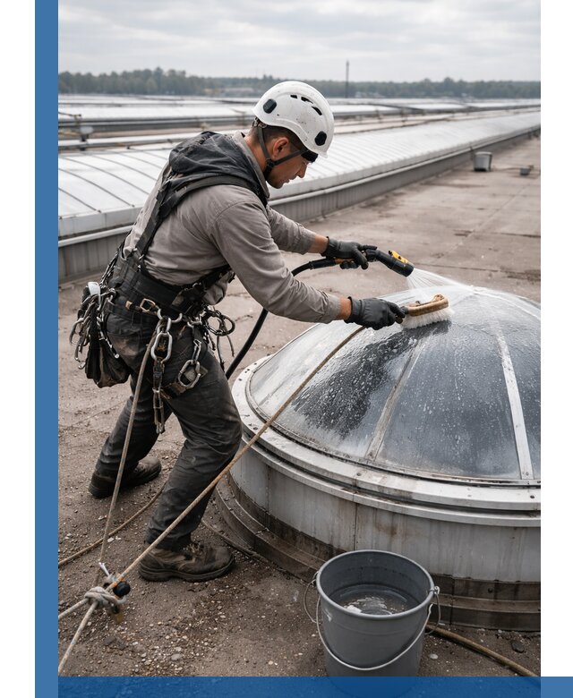 Мойка зенитных фонарей на кровле для промышленных объектов в Выборге