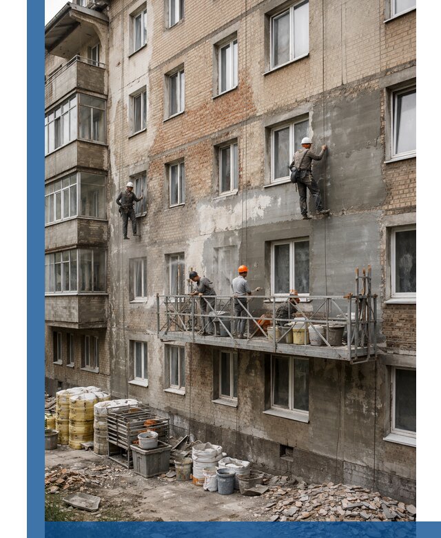 Капитальный ремонт фасада в Выборге с восстановлением и гидроизоляцией