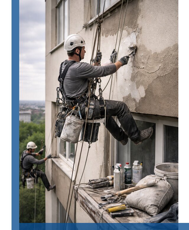 Косметический ремонт фасада зданий в Выборге промышленными альпинистами