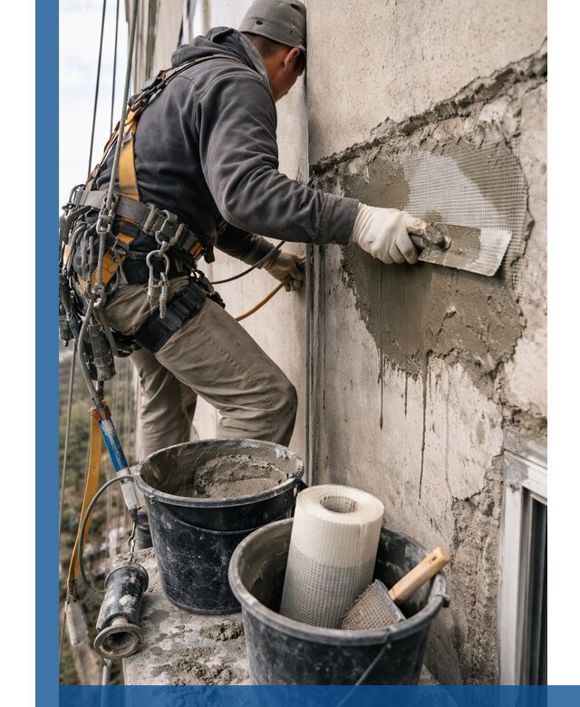 Ремонт бетонных элементов фасада промышленными альпинистами в Выборге