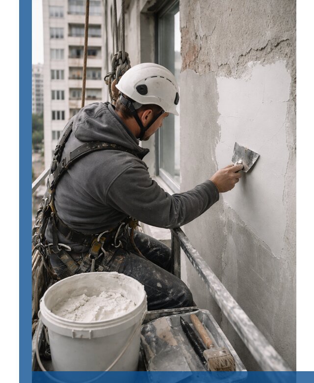 Шпаклевка фасадов на высоте с промальпинистами в Выборге