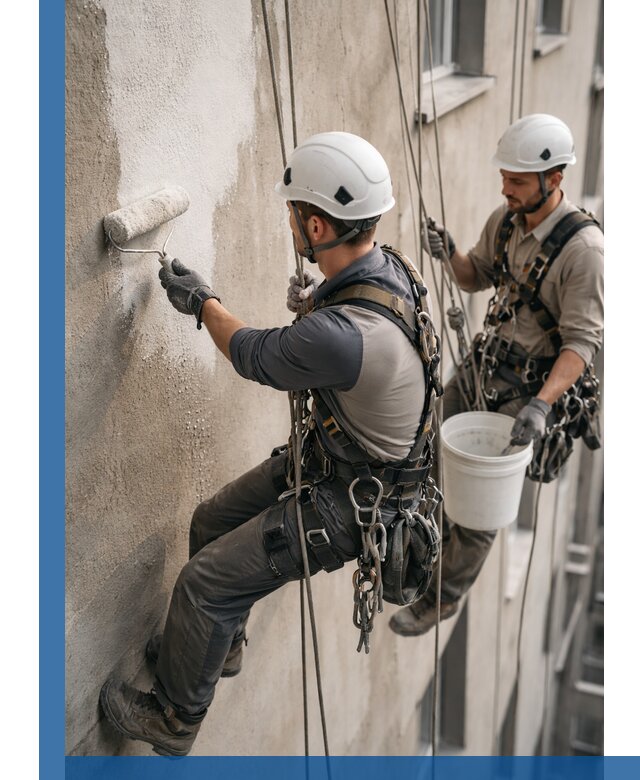 Грунтовка фасада на высоте в Выборге промышленными альпинистами