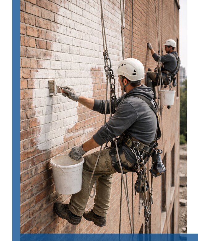 Покраска кирпичного фасада с доступным альпинистским сервисом в Выборге