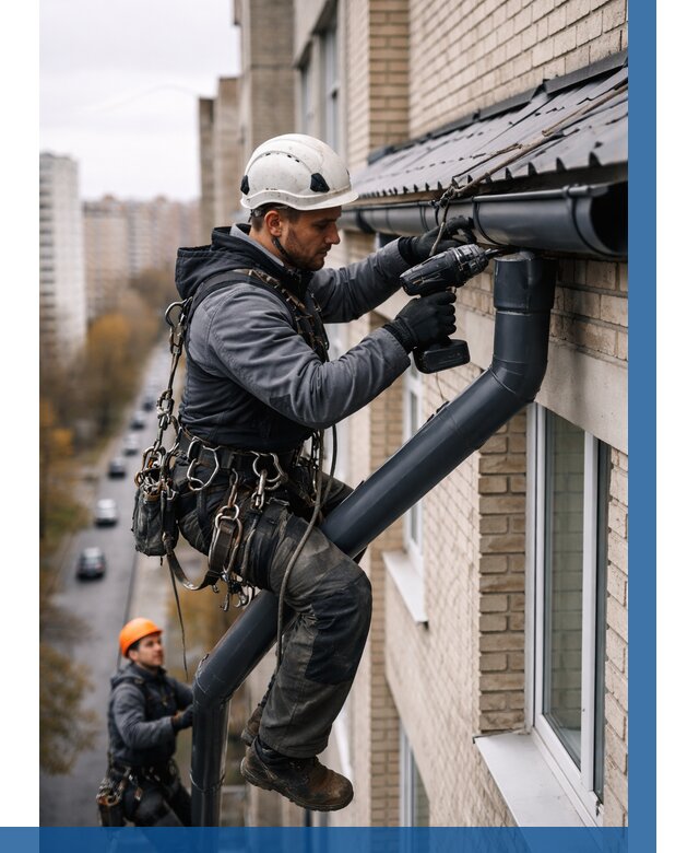 Монтаж водосточной системы на здании в Выборге от 5111 р. | ВЫСОТНИК-Вбр