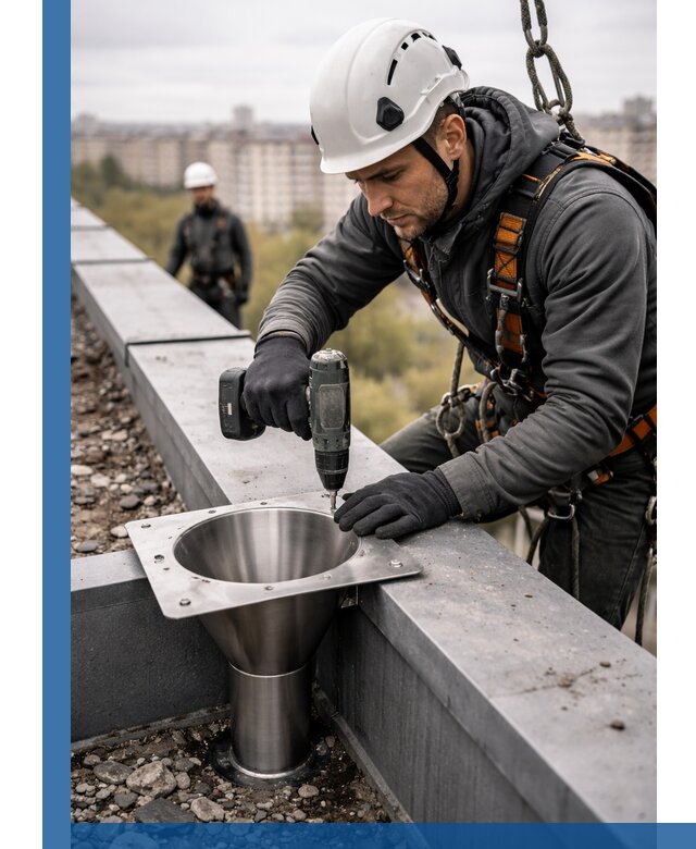 Монтаж водосточных воронок в Выборге для промышленных зданий