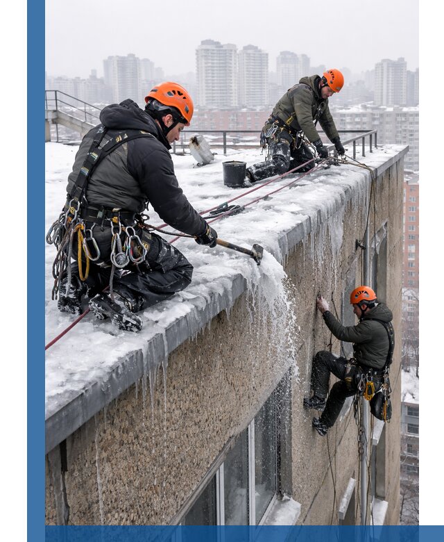 Удаление наледи с кровли в Выборге промышленными альпинистами