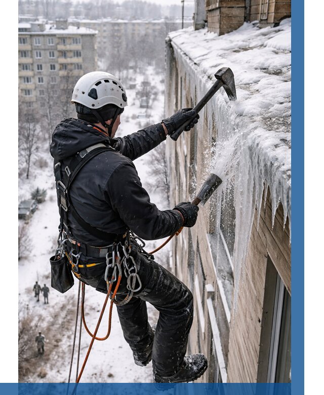 Сбивание сосулек с крыши в Выборге по цене от 4599 р. | ВЫСОТНИК-Вбр