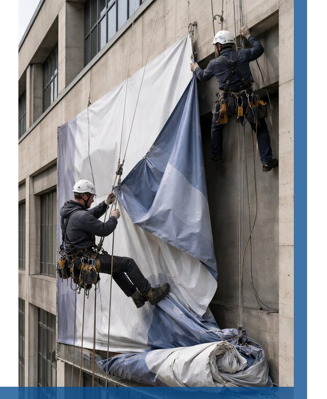 Демонтаж баннеров с фасада в Выборге от 4599 р. | ВЫСОТНИК-Вбр