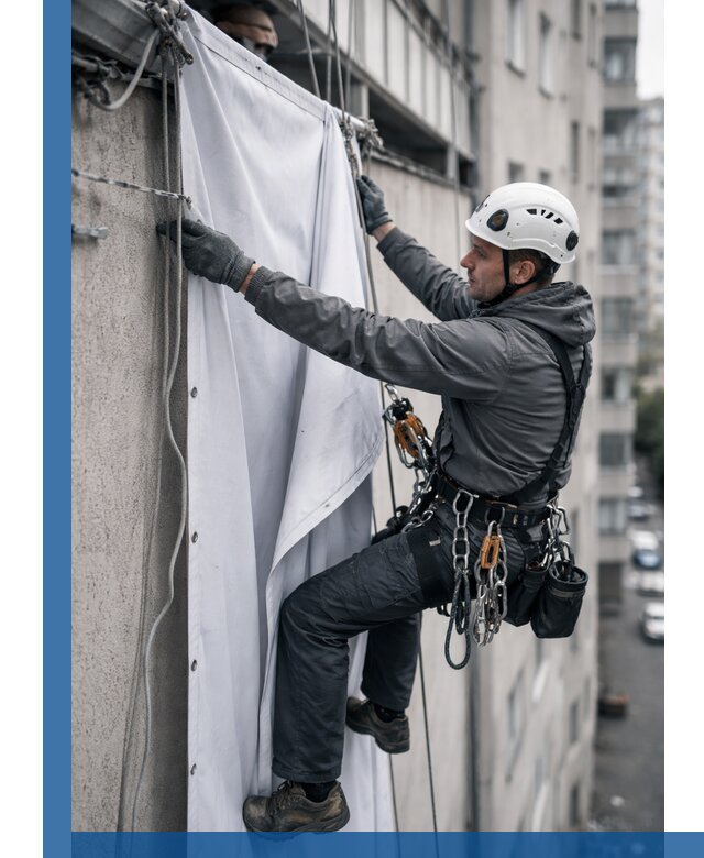 Замена баннерного полотна промышленными альпинистами в Выборге