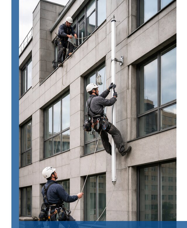 Монтаж флагштока на фасаде здания с креплением и герметикой в Выборге