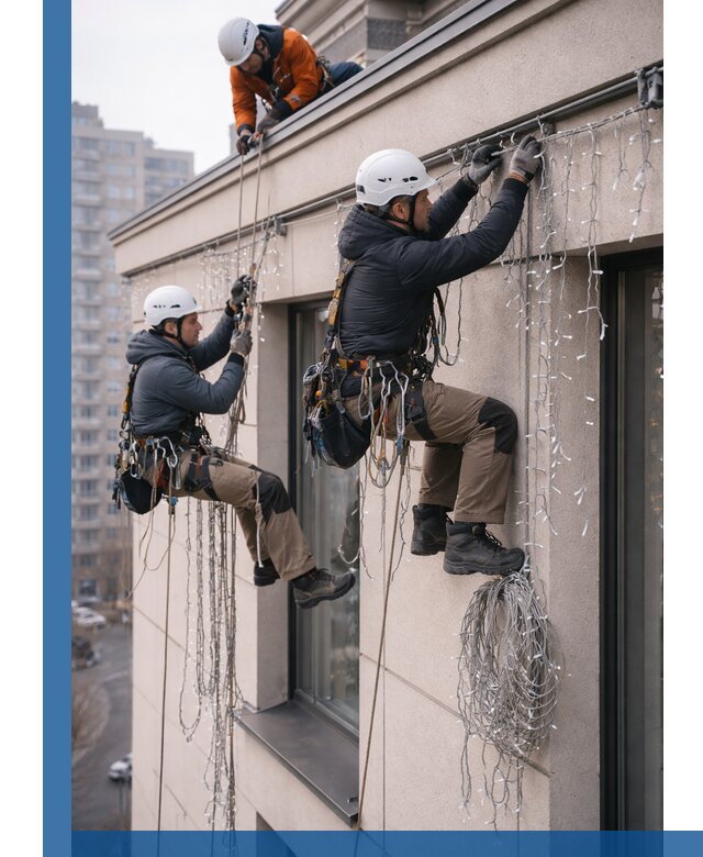 Монтаж праздничных гирлянд на фасаде в Выборге для зданий