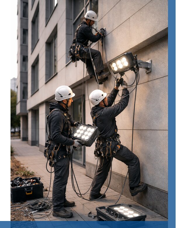 Монтаж прожекторов на фасаде в Выборге от 7666 р. | ВЫСОТНИК-Вбр