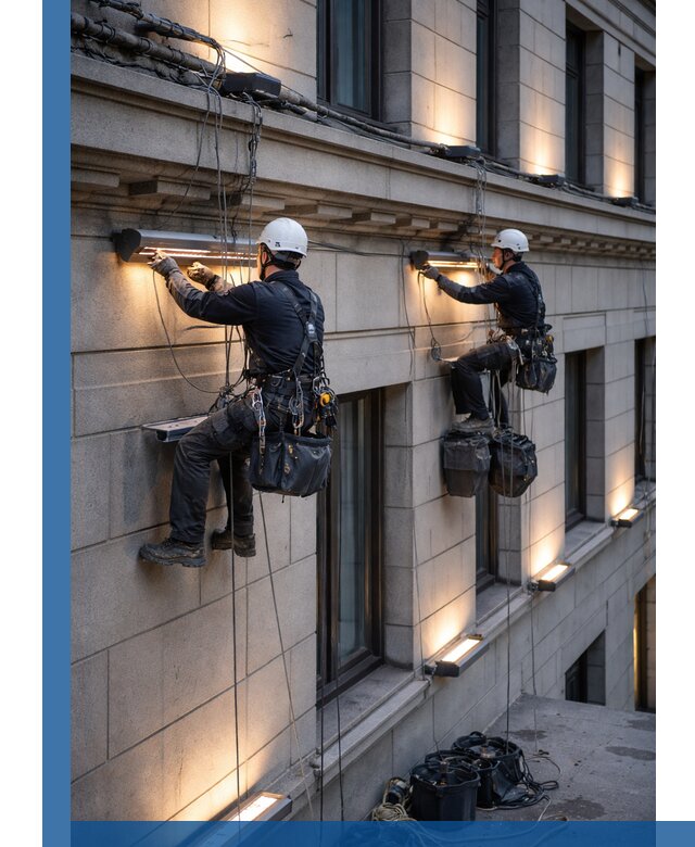 Монтаж архитектурной подсветки фасадов зданий в Выборге