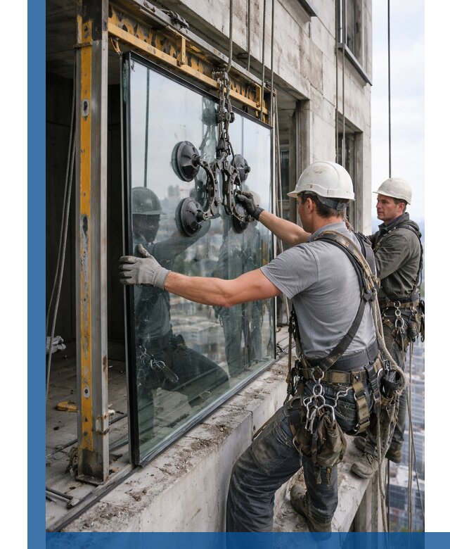 Монтаж стеклопакетов на высоте в Выборге с промышленным альпинизмом