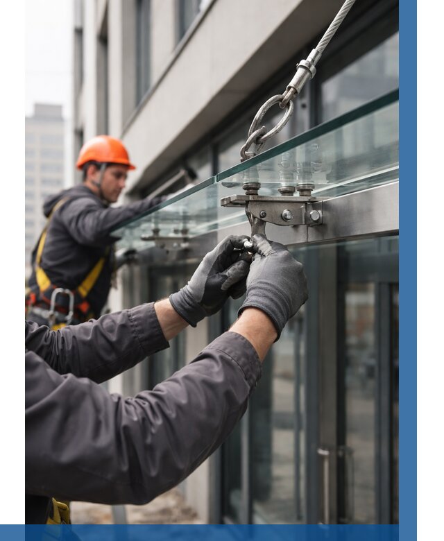 Монтаж стеклянных козырьков в Выборге от 8688 р. | ВЫСОТНИК-Вбр