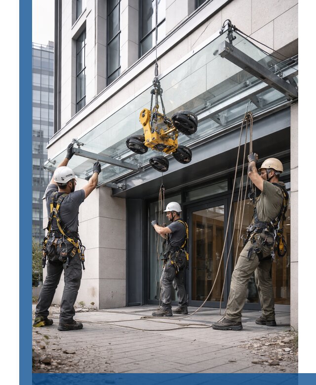 Монтаж стеклянных козырьков под ключ в Выборге для зданий