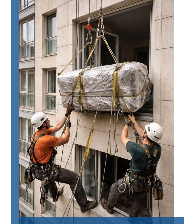 Подъем грузов через окно в Выборге промышленными альпинистами