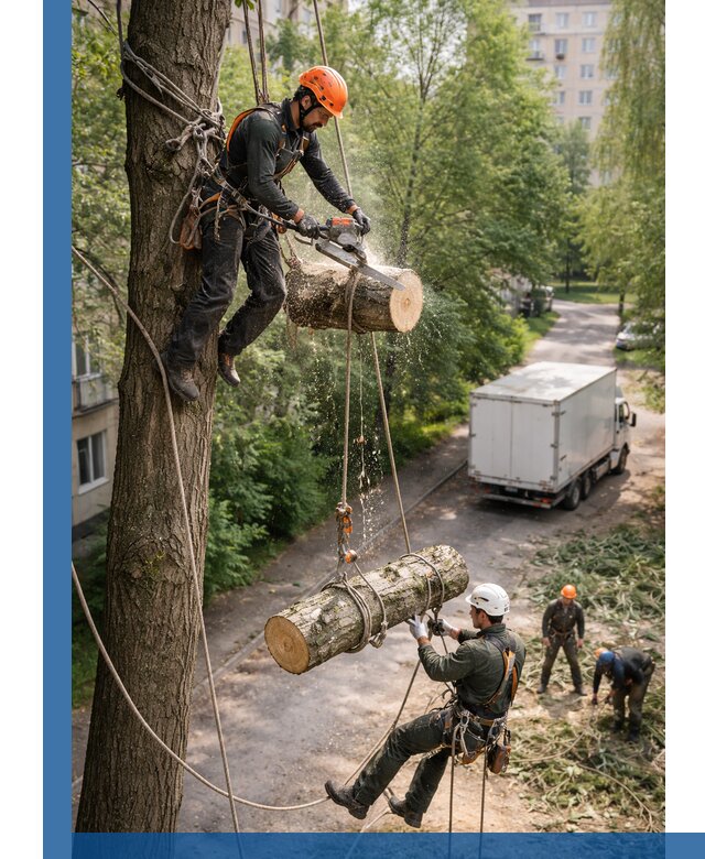 Спил деревьев альпинистами в Выборге, безопасно и без повреждений