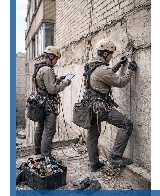 Обследование фасада промышленными альпинистами в Выборге